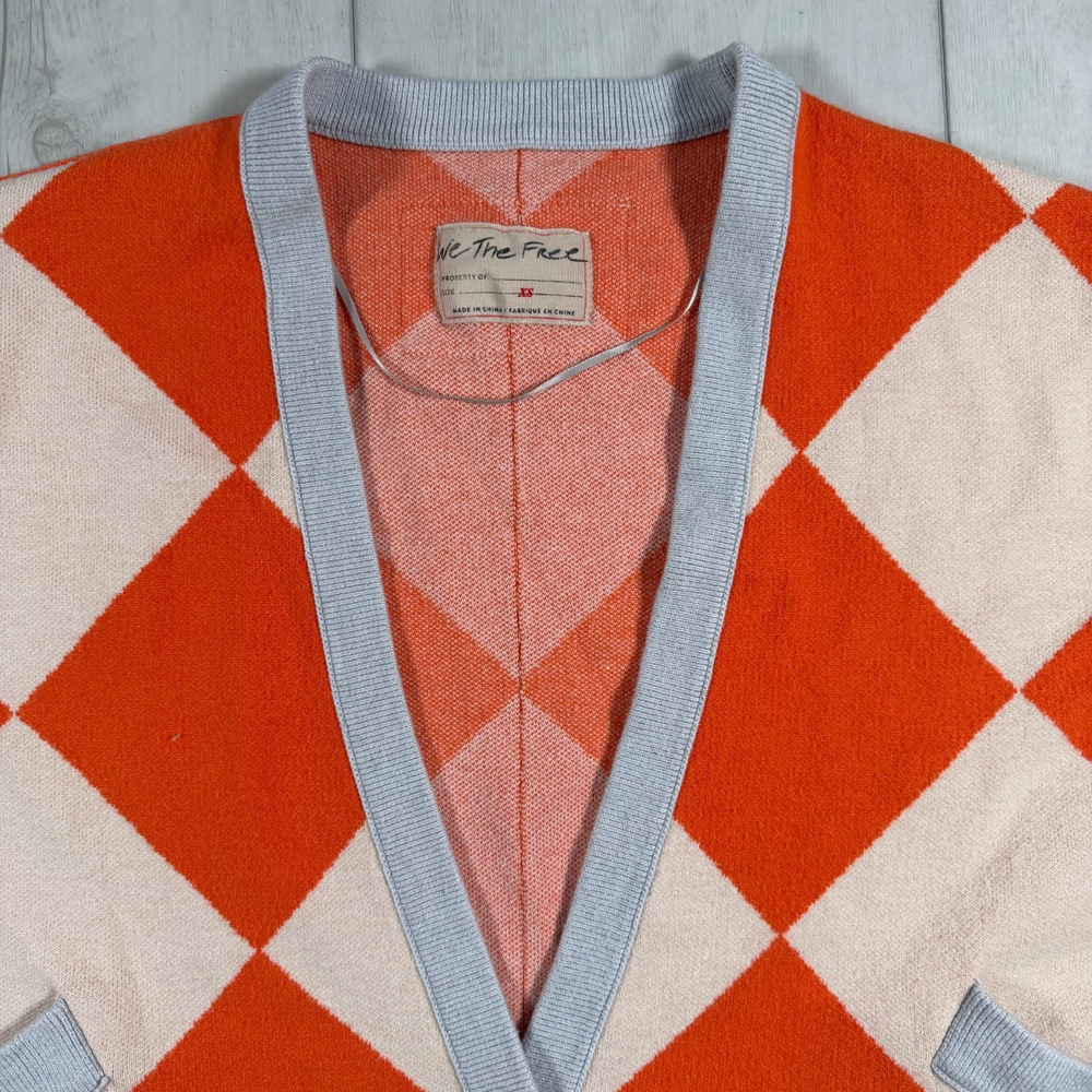 We The Free People Manny Checkered Oversized Cardigan Orange Womens XS Boho Cozy - Picture 2 of 12